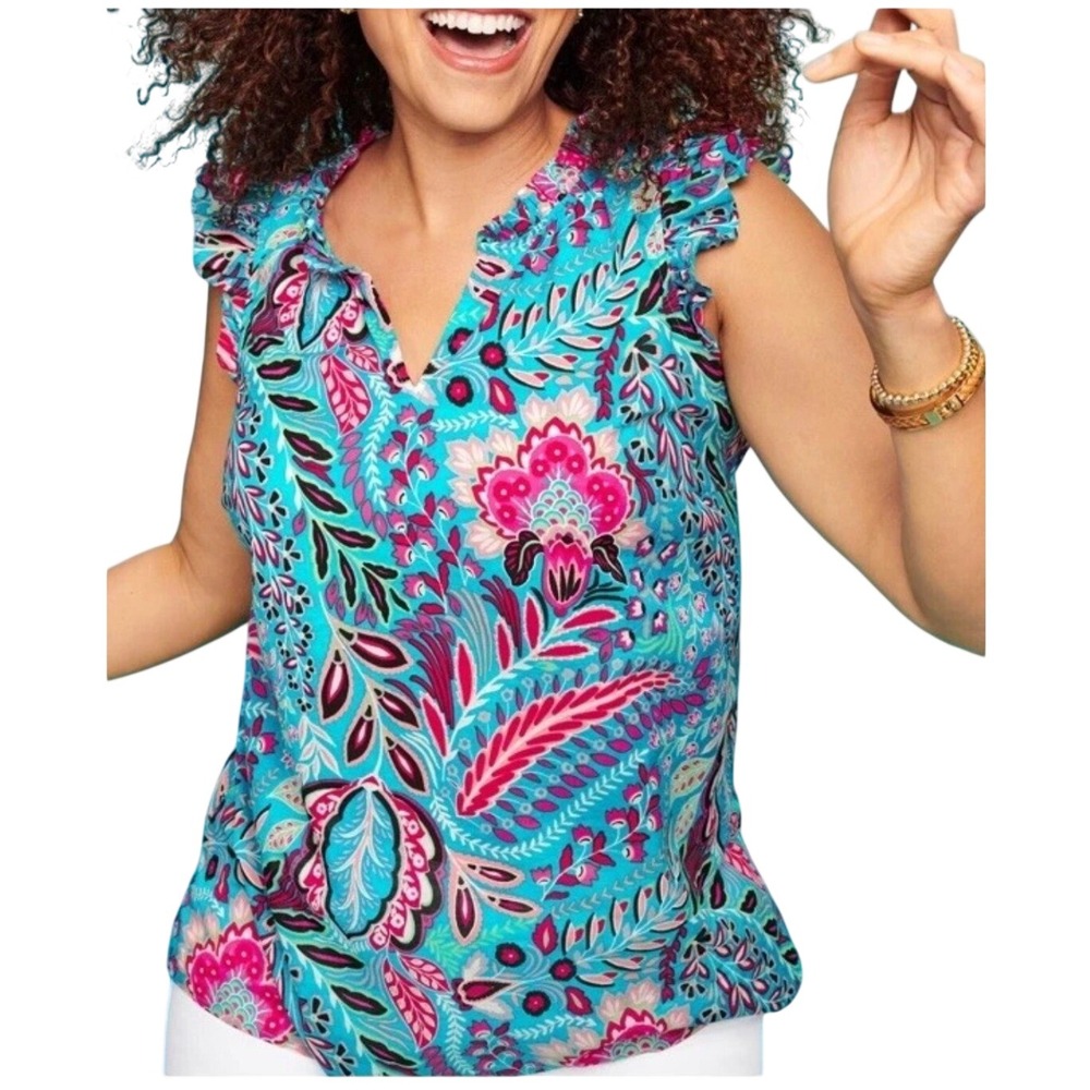 Talbots Blouse Womens M Blue Pink Paisley Floral Ruffle Coastal Preppy Boho Chic